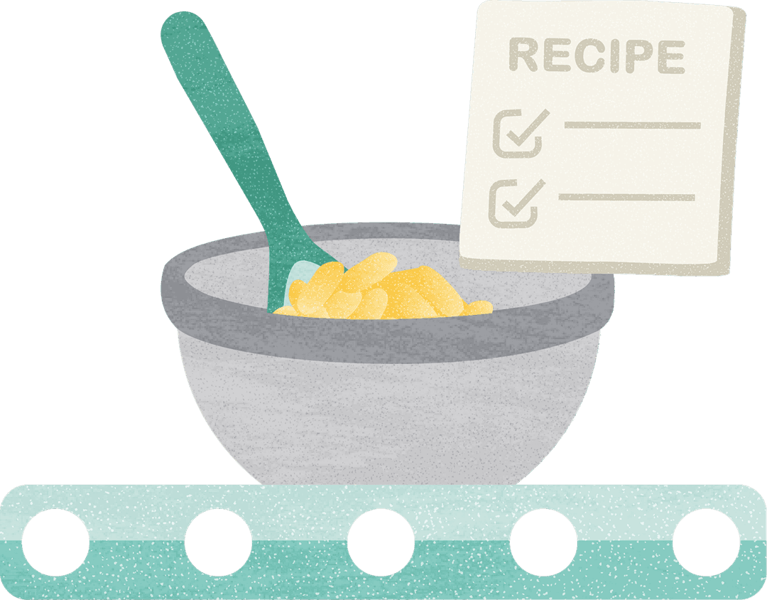 Mixing bowl with recipe checklist on a packing line