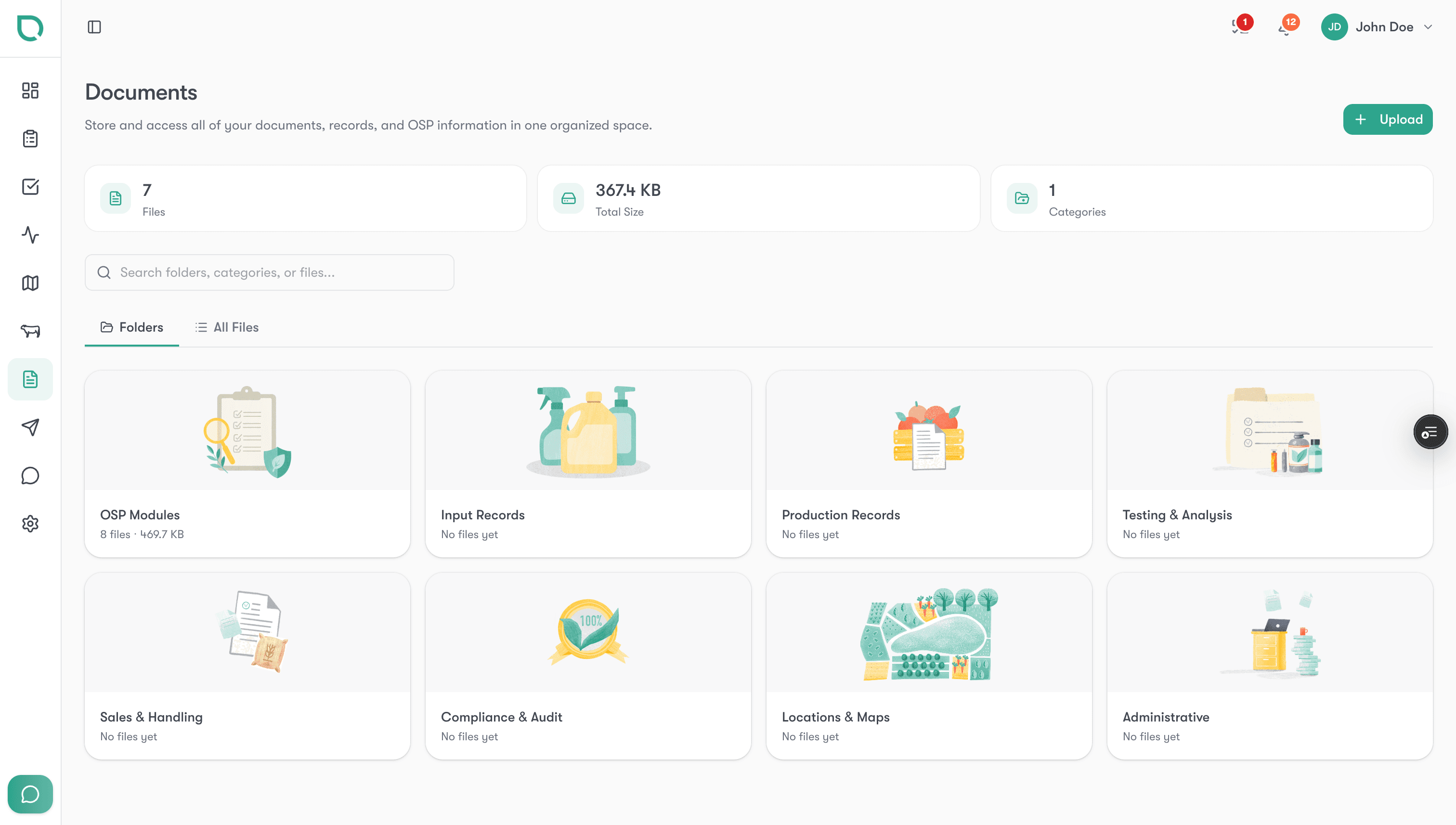 Documents view with categorized files and tags