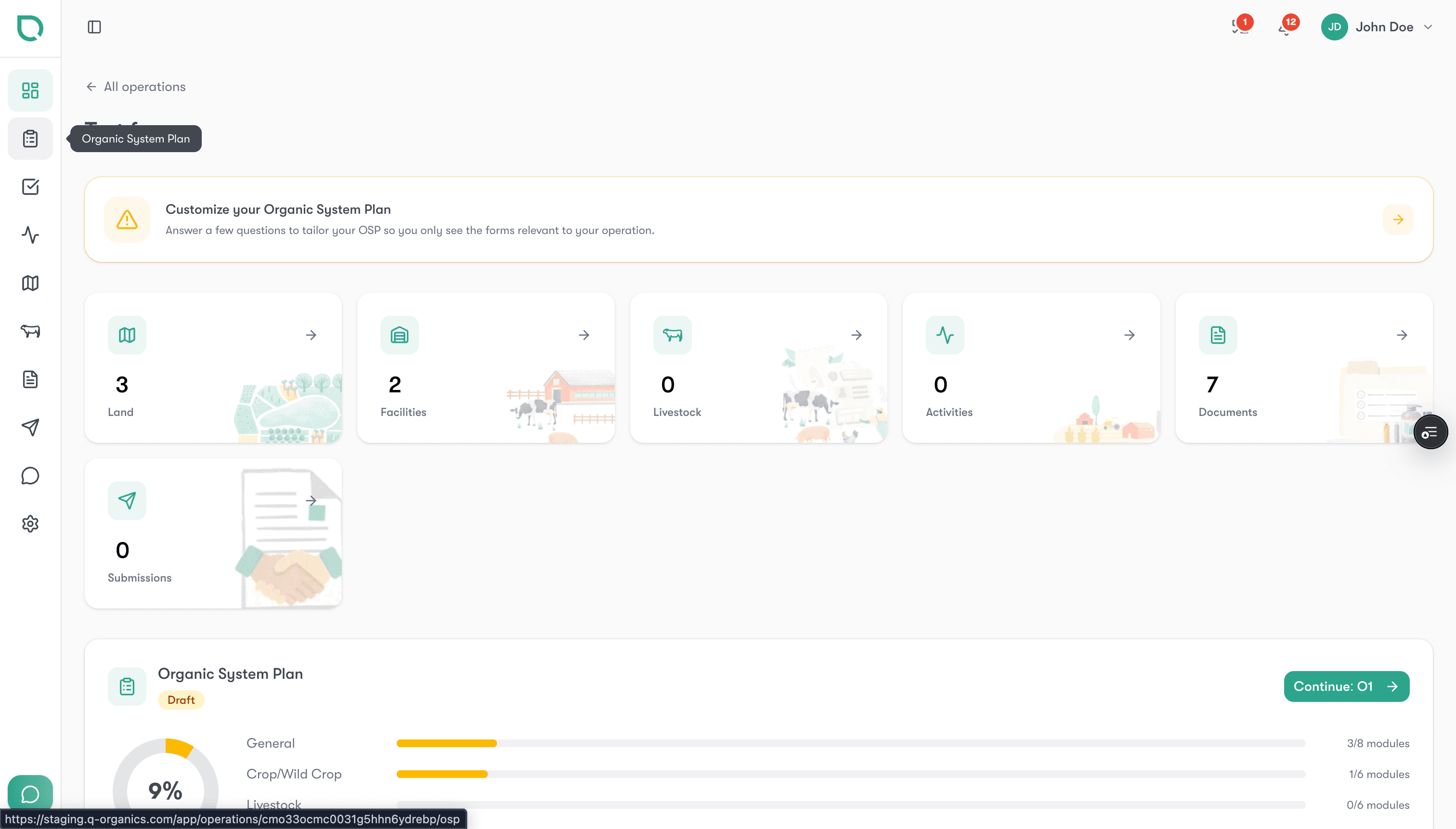 QOCA dashboard showing an active Organic System Plan